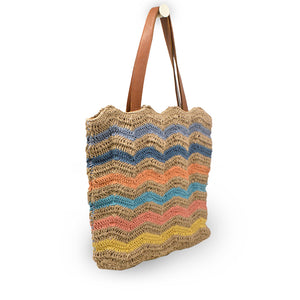 Striped jute tote with leather handles, angle view, Taylor Jute Tote.