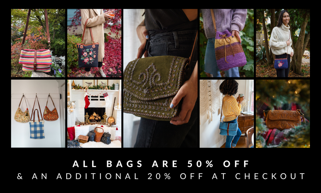 Collage of people holding various handbags in different settings with promotional text overlay. 50% off all Anabaglish bags + 20% off applied at checkout