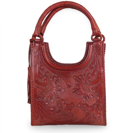 Red Anabaglish Holly Tooled Leather Bag on a white background