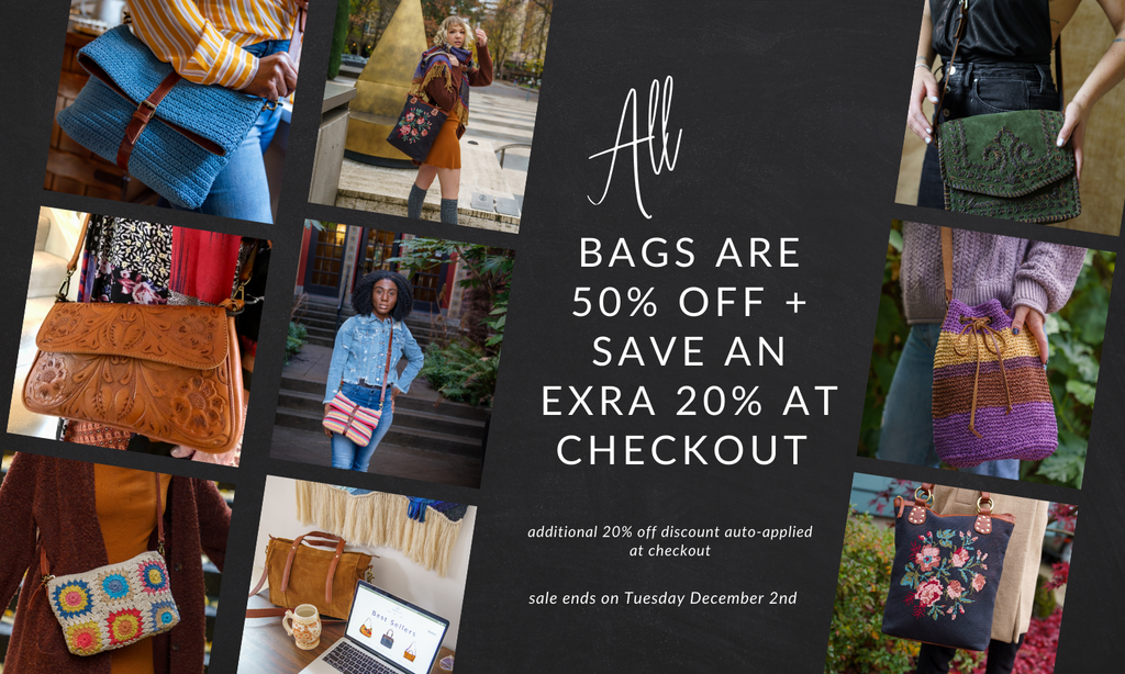 Promotional collage of bags with a discount offer on a black background:Black Friday Mega Sale, all bags are 50% off, + an extra 20% off auto applied at checkout. Sale ends on Tuesday December 2nd, 2025.