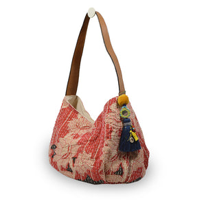 Floral print tote with kantha stitching at an angle, Vivienne Kantha Tote.