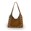 Tobacco suede tote with embroidered details, front view, Phoebe Embroidered Suede Tote.