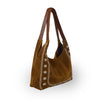 Tobacco suede tote with embroidered details, at an angle, Phoebe Embroidered Suede Tote.