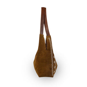 Tobacco suede tote with embroidered details, side view, Phoebe Embroidered Suede Tote.