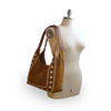 Tobacco suede tote with embroidered details, on mannequin, Phoebe Embroidered Suede Tote.