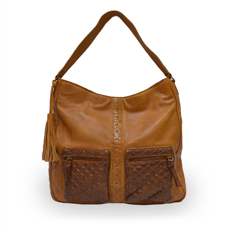 Large caramel shoulder bag, front view, Starlight Crossbody Bag.
