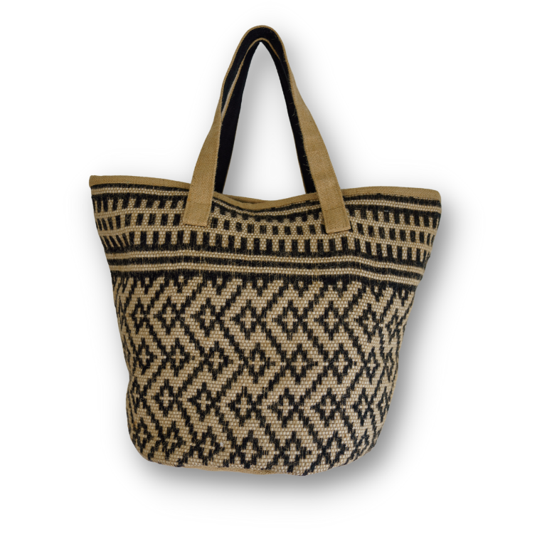 Anabaglish Gigi Tote woven material in tan and black geometric pattern.