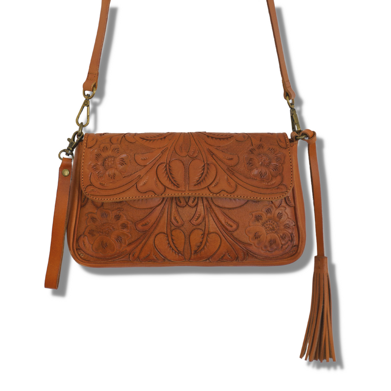 Vanessa Clutch and Crossbody Bag in tan tooled leather