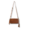 Vanessa Tooled Crossbody Bag in tan tooled leather with detachable leather tassel. 