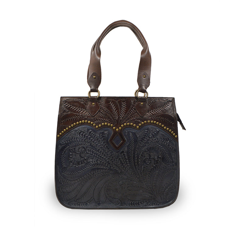 Side view of navy leather tote, Annie Tooled Tote.