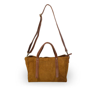 Square tobacco suede tote, with handle up, Aurora Suede Tote.
