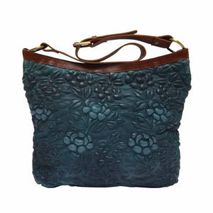 Blue leather shoulder bag with handle down, quilted floral detail, Cari Quilted Shoulder Bag.