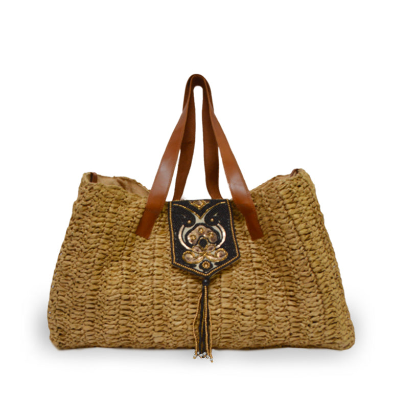 Raffia tote bag with beaded flap, Nola Raffia Tote.