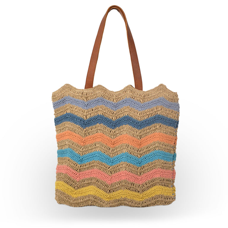 Striped jute tote with leather handles, front view, Taylor Jute Tote.