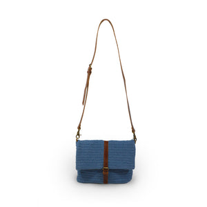 Blue cotton knit bag, front view handle up, Yolanda Knit Foldover Crossbody Bag.