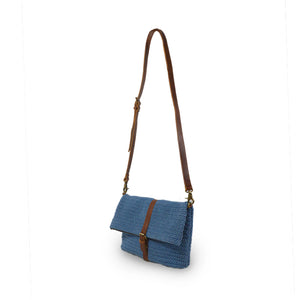 Blue cotton knit bag, angle view handle up, Yolanda Knit Foldover Crossbody Bag.