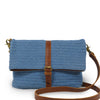 Blue cotton knit bag, front view handle down, Yolanda Knit Foldover Crossbody Bag.