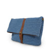 Blue cotton knit bag, angle view as a clutch, Yolanda Knit Foldover Crossbody Bag.