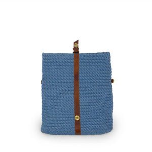 Blue cotton knit bag, unsnapped, Yolanda Knit Foldover Crossbody Bag.