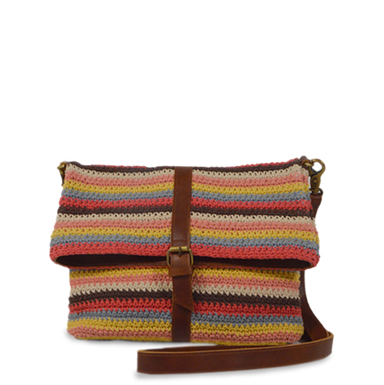 Colorful striped cotton knit bag, front view handle down, Yolanda Knit Foldover Crossbody Bag..