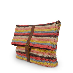Colorful striped cotton knit bag, angle view as a clutch, Yolanda Knit Foldover Crossbody Bag.