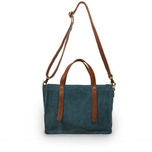 Square teal suede tote, with handle up, Aurora Suede Tote.