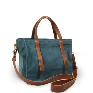 Square teal suede tote, backview, Aurora Suede Tote.