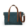Square teal suede tote, with handle down, Aurora Suede Tote.