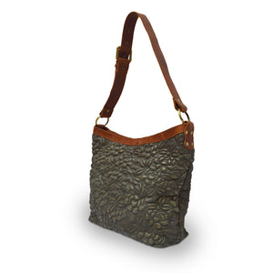 Green leather shoulder bag with handle up, quilted floral detail, Cari Quilted Shoulder Bag.