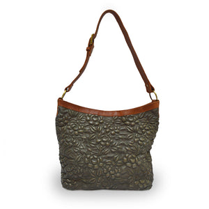 Green leather shoulder bag with handle up, quilted floral detail, Cari Quilted Shoulder Bag.
