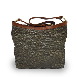 Green leather shoulder bag with handle down, quilted floral detail, Cari Quilted Shoulder Bag.