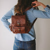brown, leather backpack shown on model, Sadie Leather Backpack. 