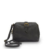 Front view of small black crossbody bag, Sam Leather Crossbody Bag.