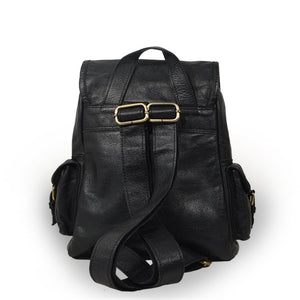 Small black leather backpack, back view, adjustable straps, Sadie Leather Backpack.