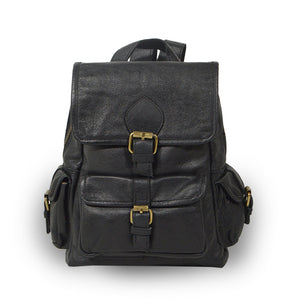 Small black leather backpack, front view, adjustable straps, Sadie Leather Backpack.