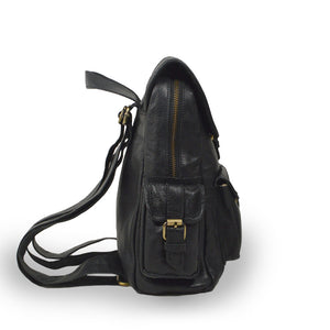 Small black leather backpack, side view, adjustable straps, Sadie Leather Backpack.